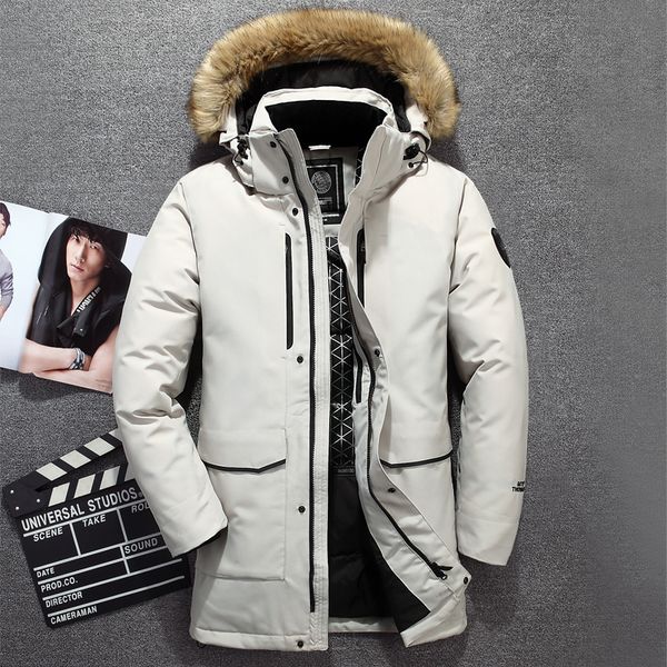 

2019 real fur collar men's long down jacket windproof waterproof men's winter coat snow overcoat warm white duck down jacket men, Black
