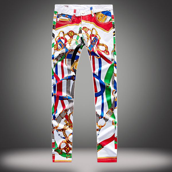 

2020 new fashion jeans printed slim casual for mens pants male elastic boy graffit white denim trousers street wear, Blue