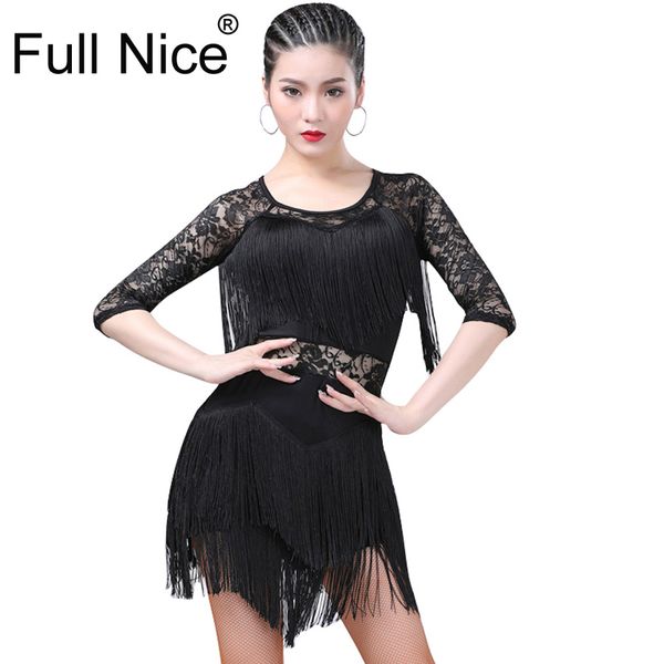 

women girl latin dance dress fringe practice clothes cha cha salsa rumba competition lesson arrival dance wear tango dancing, Black;red