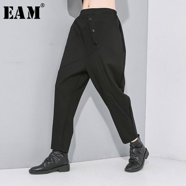

eam] high elastic waist black button split joint long trousers new loose fit harem pants women fashion tide spring autumn 2020, Black;white