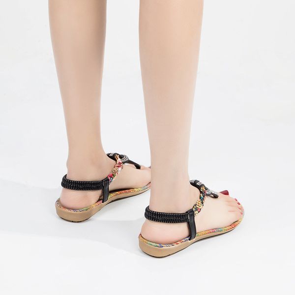 

women bohemia sandals bling thong women t strap flats beading beach shoes comfortable 2020 new summer fashion sandals, Black