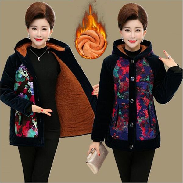 

middle-aged autumn/winter cotton clothing plus velvet hooded coat women fashion printing cotton jacket casual women clothing, Black