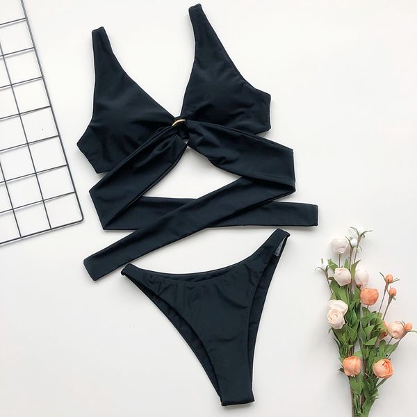 

new women's swimwear ring strap bikini 2020 fashion european and american swimwear wholesale double-sided plain swimsuit size s-l-2, White;black