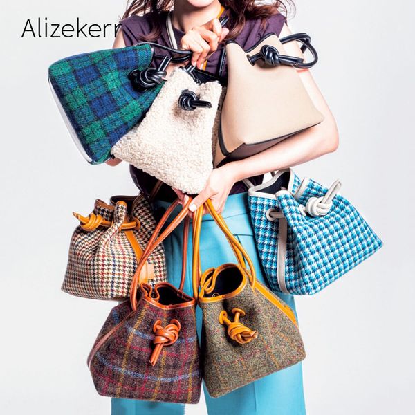 

woollen houndstooth bucket bag women 2019 winter japanese designer plaid synthetic fleece purses and handbag drawstring casual t200430