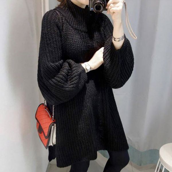 

autumn winter women long sleeve turtleneck sweater lantern sleeve side slit sweaters solid color loose long sweaters pullovers, White;black