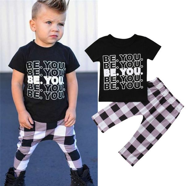 

toddler kids baby boys clothes summer letter print short sleeve round neck pullover plaid pants 2pc cotton newborn outfits, White