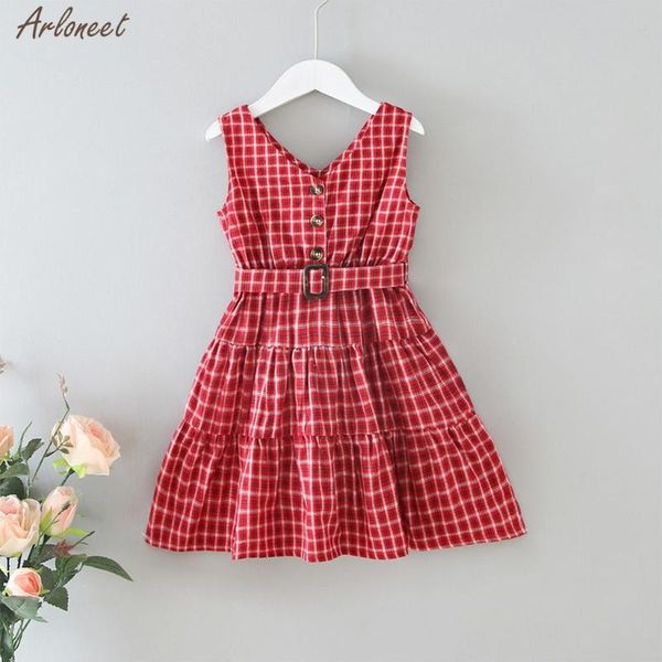 

fashion baby kids girls sleeveless plaid print v-neck button dress with belt summer baby girls casual cotton outfits dress new, Red;yellow