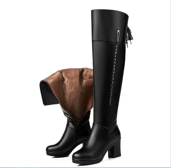 

d407female over the knee boots genuine leather female motorcycle boots high-heeled fashion winter botas altas mujer sobre rodila, Black