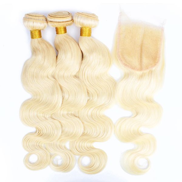 

kisshair 613 blonde 3 bundles with 4x4 lace closure human hair weave bundles brazilian body wave virgin remy hair extensions for women, Black;brown