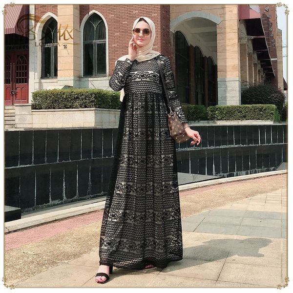 

casual dresses wepbel women long maxi dress full sleeve muslim abaya slim lace two-layer ramadan islamic o neck high waist, Black;gray