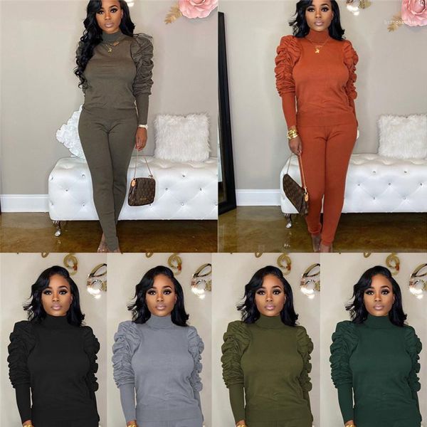 

high neck pile sleeve set casual solid color long sleeve fashion designer famale two piece pants ladies, White