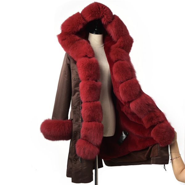 

fursarcar fashion long 80 cm jacket real fur parka women winter coat with burgundy fur collar and cuff casual warm parka, Black