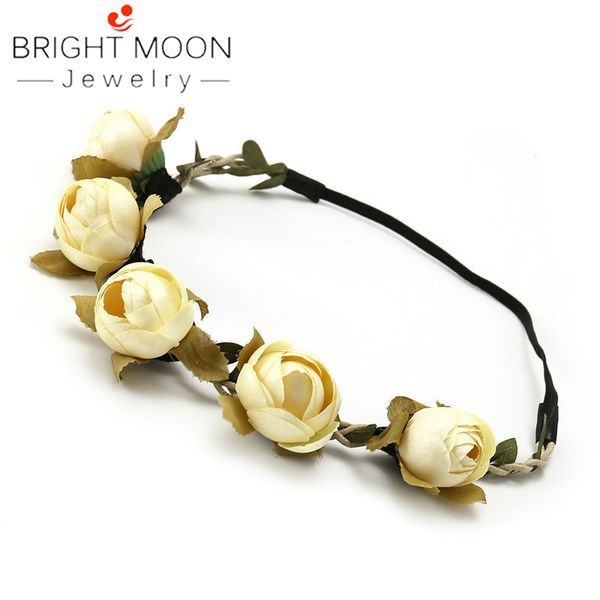 

bright moon bride women flower crown hair band wedding floral headband garland ribbon beatuiful girl flower wreath, Golden;white