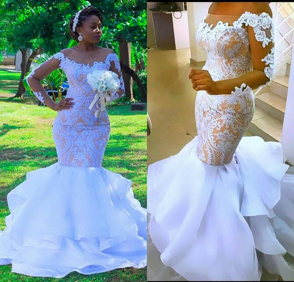 

plus size mermaid wedding dresses sheer off shoulder lace appliques illusion bridal gowns tiered ruffles long sleeve garden wedding robes, White