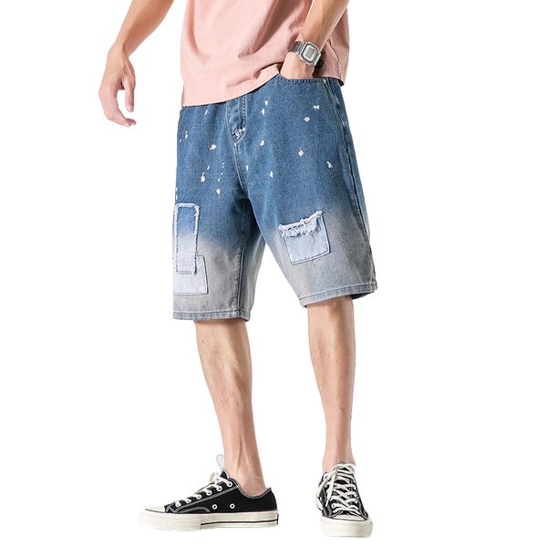 

men trendy gradien denim shorts summer streetwear clothing bermuda retro jeans shorts male 2020 plus size -5xl, Blue
