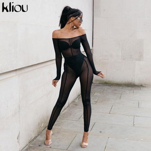 

kliou mesh sexy 2 шт. набор женщин лето 2020 slash шеи с длинным рукавом боди + леггинсы наряд женский тонкий тощий уличная одежда, White