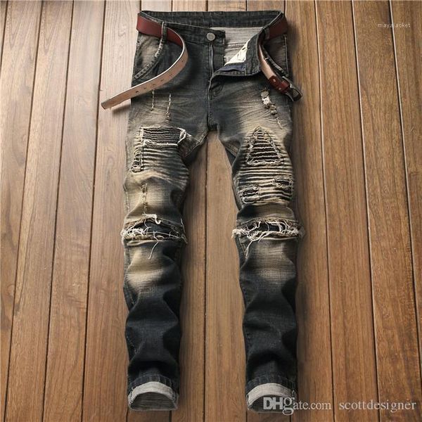 

дизайнерские джинсы прямые регулярные молния fly button homme clothing soliid цвет повседневная одежда рваные мужские моды, Blue