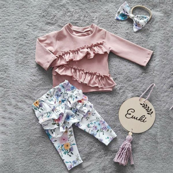 

3PCS Toddler Baby Girl Autumn Clothes Sets Pink Long Sleeve Ruffle Tops T-shirt Floral Pants Headband 1-6Y Outfit