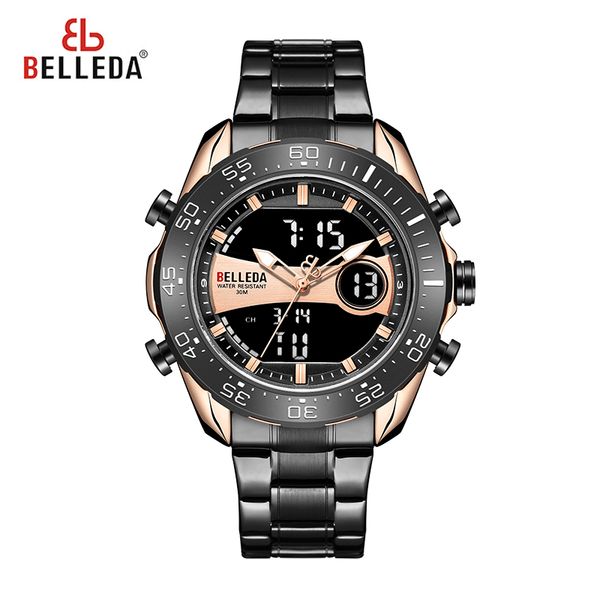 

belleda новые лучшие из нержавеющей стали спорт мужские часы army dual display водонепроницаемые часы relogio мужчина для, Slivery;brown