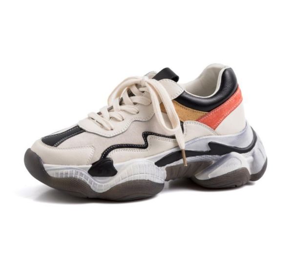 

beige cream white orange black color block real genuine natural leather women lady student girl flat platform sports shoes