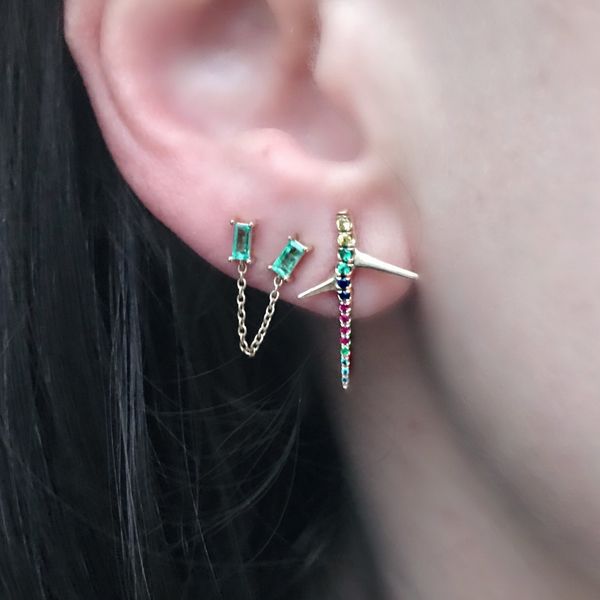 

double 2 piercing stud baguette birthstone cz with tassel chain romantic fashion girl women earring, Golden
