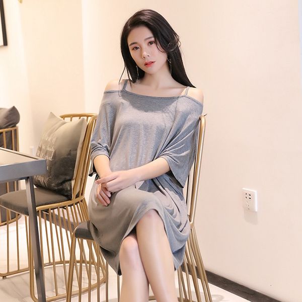 

women's sleepwear nightdress summer cotton loose large size fat mm pijama wear home clothes female bat sleeves off-shoulder dress, Black;red
