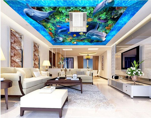 3d Ceiling Murals Wallpaper Custom Photo Sea World Dolphin Fish Aquarium Living Room Home Decor 3d Wall Murals Wallpaper For Walls 3 D Babe Wallpaper