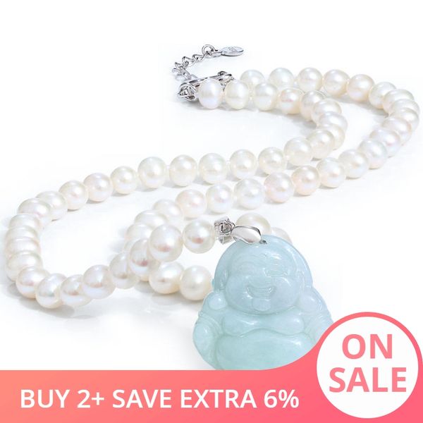 

6-7mm pearl necklace freshwater pearl jade maitreya pendant for mother jade necklace, Silver