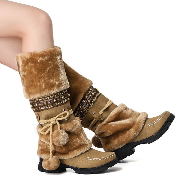 

2019 women's short boots hairball suede winter snow boot western fashion warm fur ethnic outdoor riding shoes mid tube botas, Black