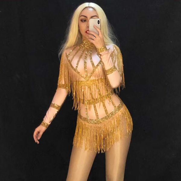 

sparkly rhinestone gold fringes dance bodysuit women birthday celebrate tassel leotard outfit singer show dance costume, Black;red