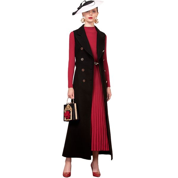 

office lady black long vest europen style double breasted coat with belt sleeveless jacket outwear casual dz2279, Black;white