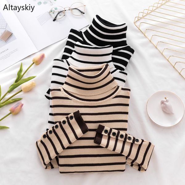 

pullovers women turtleneck striped elegant slim retro korean style soft ladies lovely all-match womens pullover trendy female, White;black