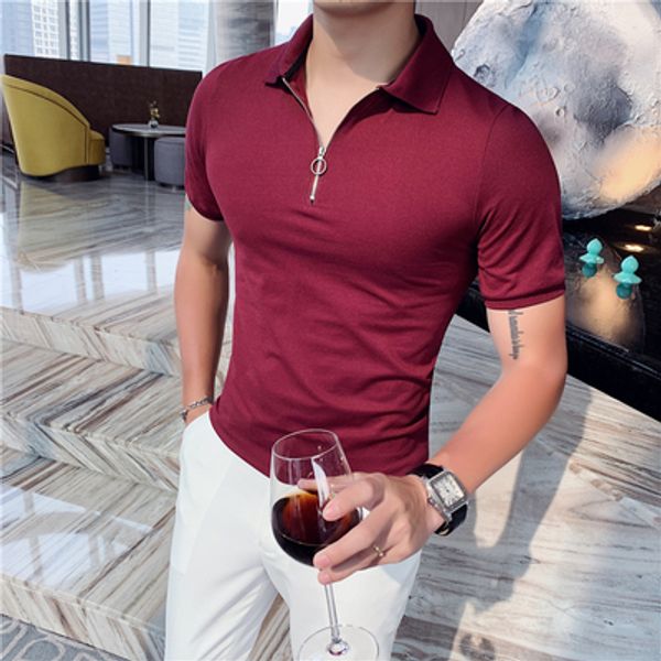

summer 2020 new korean slim men's short sleeve shirt british men's zipper lapel half sleeve solid color bottoming shirt, White;black