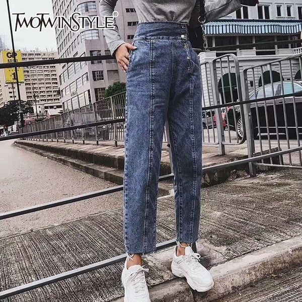 

twotwinstyle denim women's pants zipper button high waist patchwork jeans for women 2019 autumn streetwear fashion clothing new, Blue