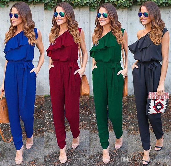 

2018 new fashion summer bursting slanted shoulder tie pocket stitching pants jumpsuits women clothing sale, Black;white
