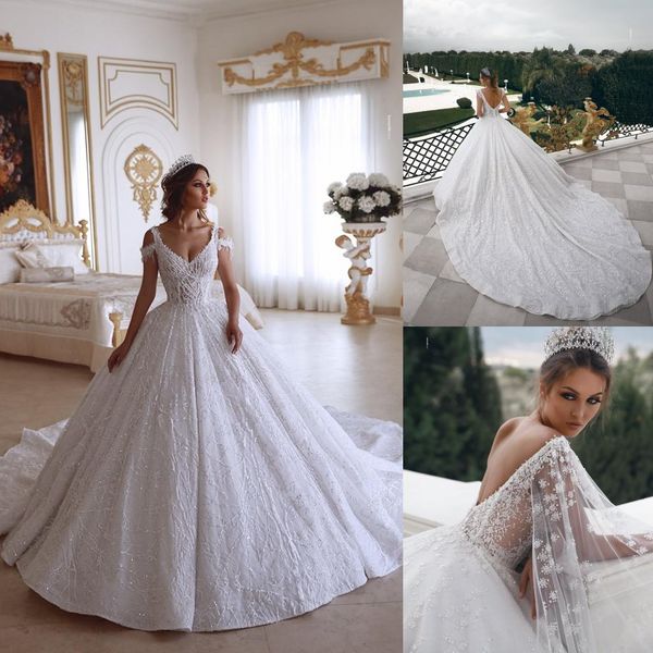 

2020 said mhamad v neck ball gown wedding dresses off shoulder 3d lace floral applique bridal gowns backless with removable wrap wedding dre