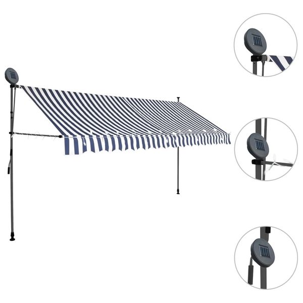 

manual retractable awning with led 350 cm blue and white garden sets