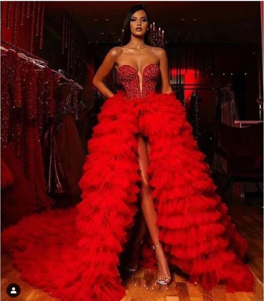 

red sequins beads prom dresses 2020 front split tulle evening gowns with puffy tulle skits custom made party dress, Black