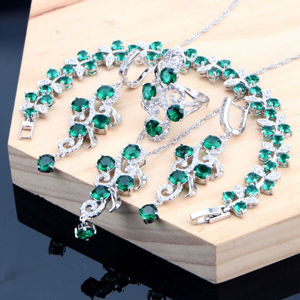 

wedding silver jewelry 925 women bridal jewelry sets green zirconia ring earrings necklace bracelet set ono design, Slivery;golden