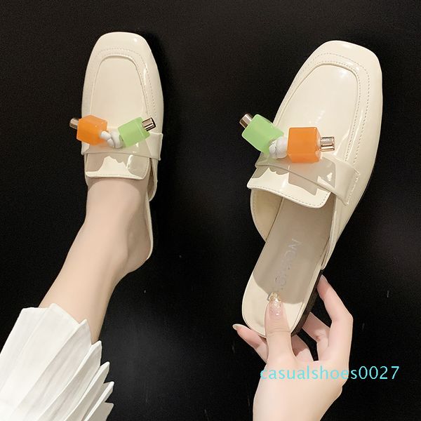 

flat shoes female womens slippers outdoor loafers low luxury slides cover toe pantofle designer 2020 summer rubber pu bonded c27, Black