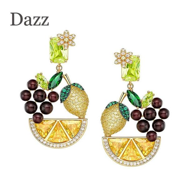 

dazz brand luxury fruit lemon flower dangle earrings zircon crystal 5a jewelry women girls party vacation dress accessories 2019, Silver