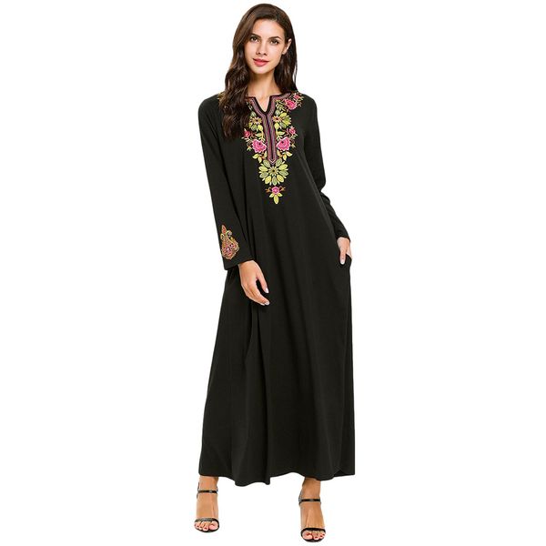

2019 retro muslim dress women v neck women muslim islamic abaya dress clothing printed flower lady for clothe, Red