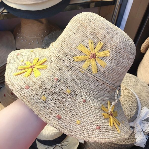 

summer 2020 handmade crochet flower lafite straw straw hat foldable summer seaside holiday sun hat, Blue;gray