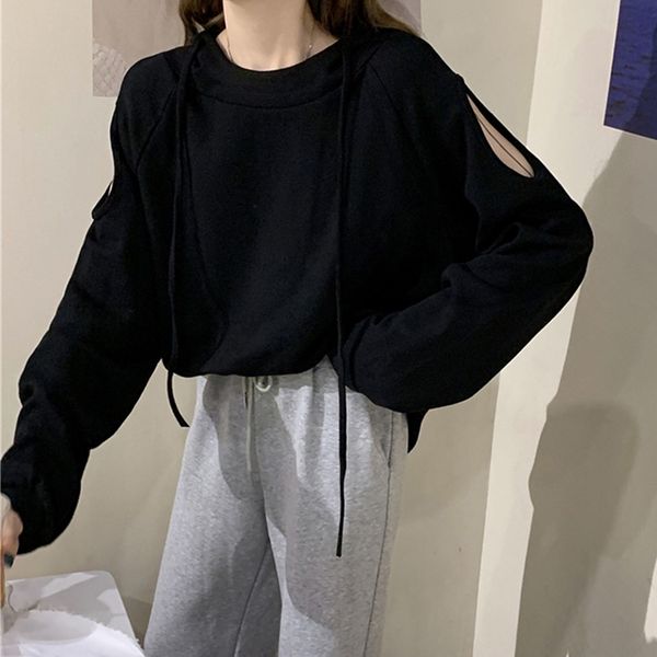 

casual long sleeve hooded sweatshirt off shoulder black pure color hoodies pullover blouse korean style women clothes capucha #u