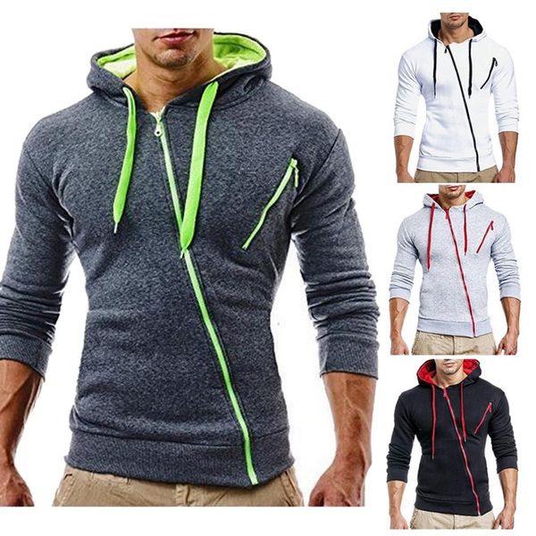 

men's hoodies solid color long sleeve hooded pullover sideways zip hooded jacket coat fit jumper sweatshirts, Black