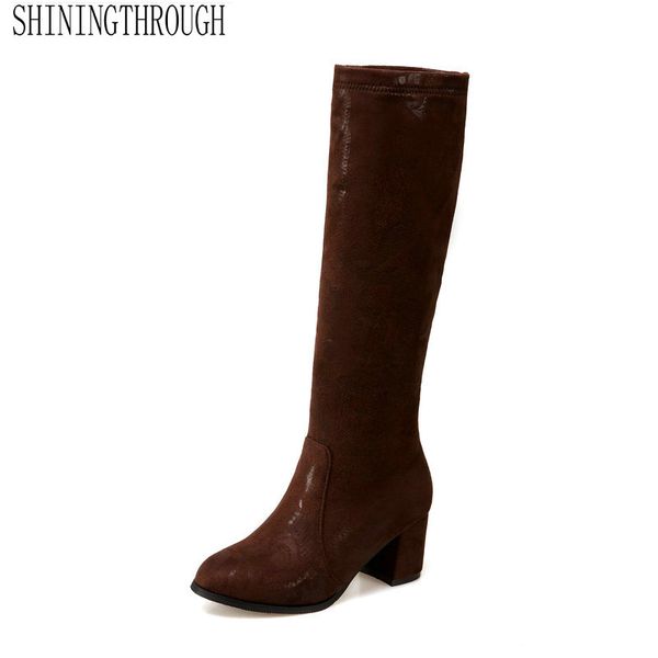 

new winter elastic shoes women knee high boots women slim fashion square high heels all match comfortable, Black