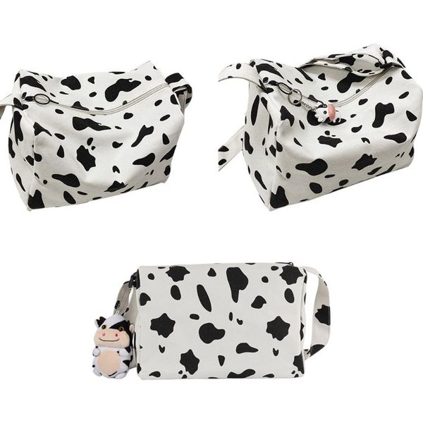 

women girl cartoon cow print shoulder crossbody bag canvas satchel messenger tote phone purse