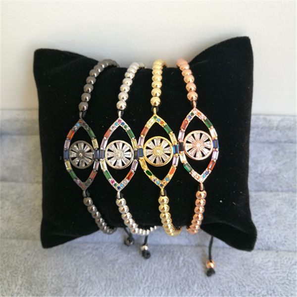 

10pcs/lot 4mm brass bead handmade black rope bracelet rainbow marquise evil eye adjustable bracelet