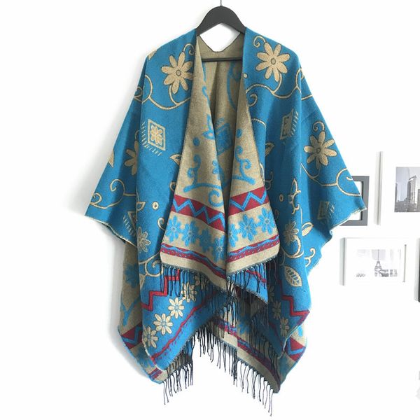 

autumn and winter nepal sunflower tibet ethnic-style travel double-sided slit shawl womens scarf factory wholesale, Blue;gray