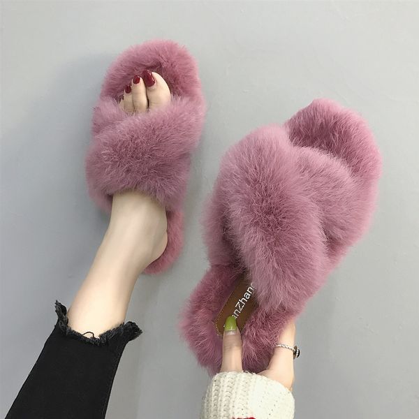 

fur plush slippers for women wear cute net red sandals shoes lazy household sandals cotton slippers in winter, Black
